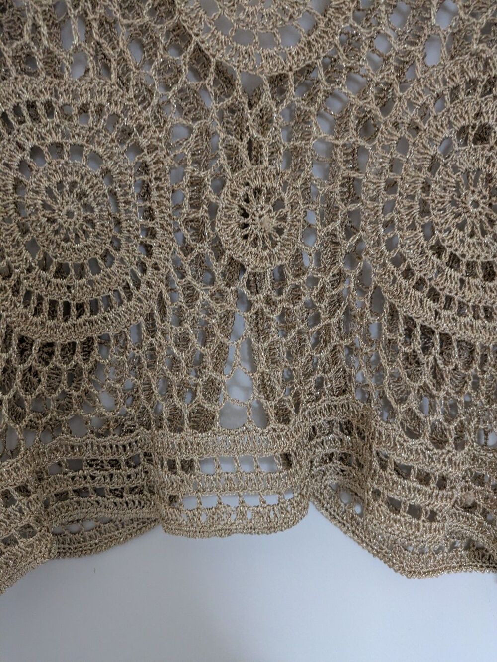 Crochet Bolero SZ M Gold Crop 3/4 Sleeve Festival Boho Fairy Cottage Coachella - Picture 6 of 13